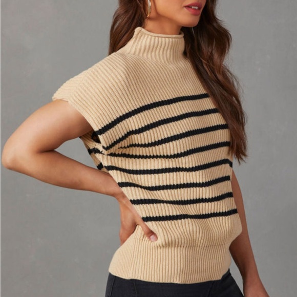 Tan & Black Striped Short Sleeve Ribbed Sweater Knit Top, High Collar - Picture 7 of 13